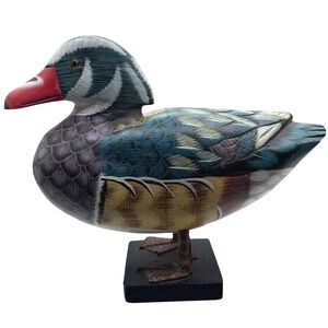 VTG Mallard Duck on Stand Carved Painted Wood Glass Eyes Folk Art Collectible